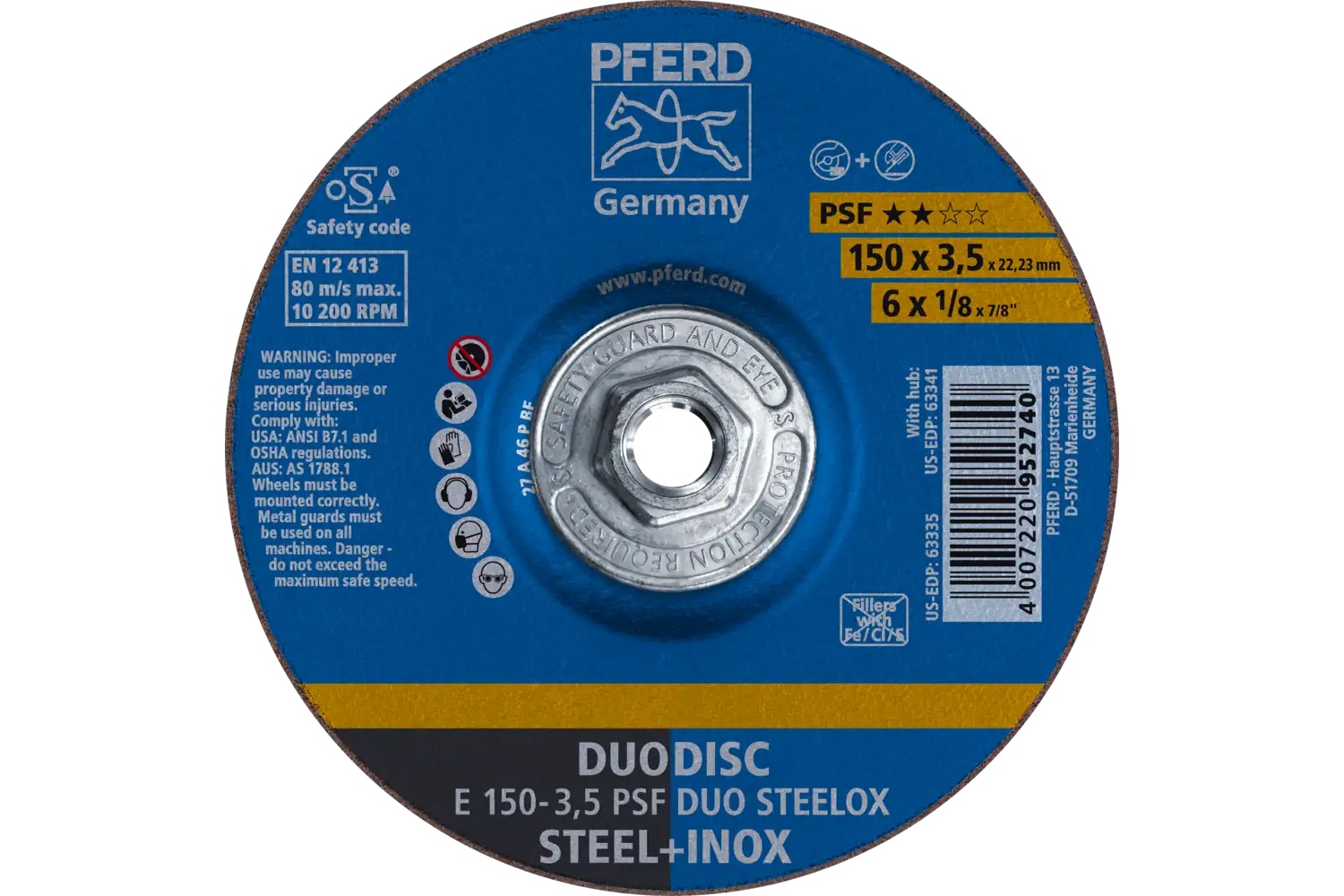 Picture of Pferd Combination Wheel, 6" X 1/8 X 5/8-11, Psf Duodisc Steelox, T27, Aluminum Oxide